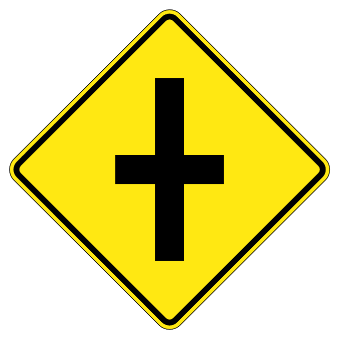 Crossroad ahead — official Alberta sign catalogue image