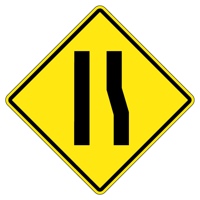 Road narrows — official Alberta sign catalogue image