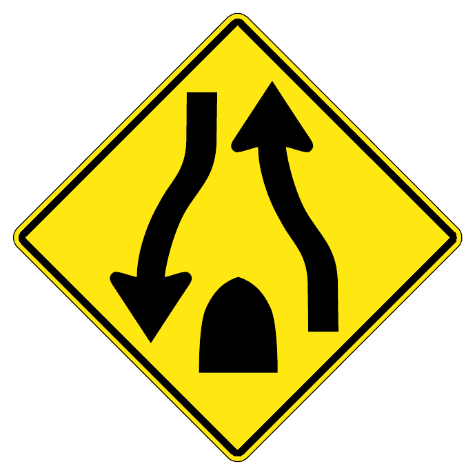 Divided highway ends — official Alberta sign catalogue image
