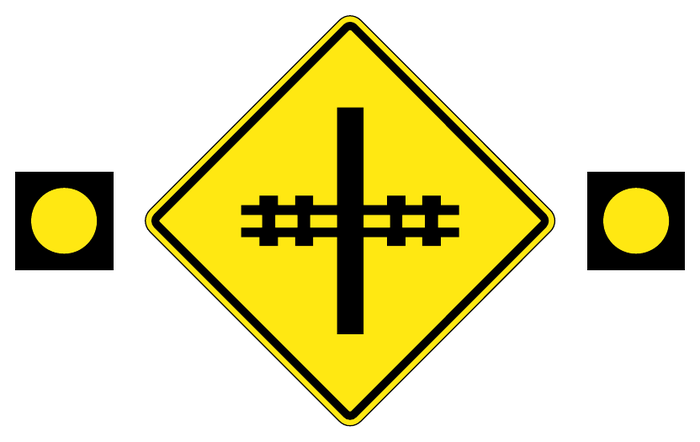 Railway crossing ahead — official Alberta sign catalogue image